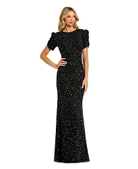 Mac Duggal Women's Gathered Short Sleeve Beaded Gown