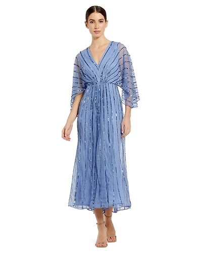 Mac Duggal Women's Beaded Striping Kimono Sleeve V Neck Dress