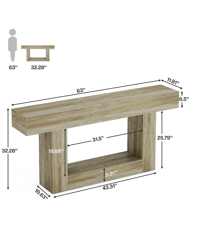 Tribesigns 63" Console Table, Farmhouse 2-Tier Entryway Table with U-Shaped Base, Narrow Long Wood Sofa Behind Couch for Living Room,