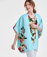 Jm Collection Womens Satin Kimono Floral Print Mixed Media Top Exclusively At Macys