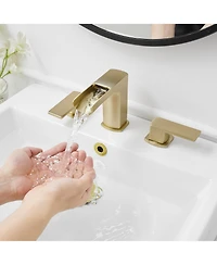 Waterfall 8 in. Widespread Double Handle Gold Bathroom Faucet Set 3 Holes Vanity Sink With Metal Drain In Brushed Gold
