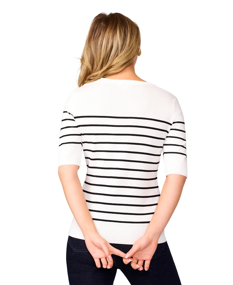Melissa Paige Petite Striped Crew-Neck Elbow-Sleeve Sweater