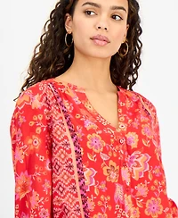 Liverpool Los Angeles Petite Mixed-Print Button-Front Blouse