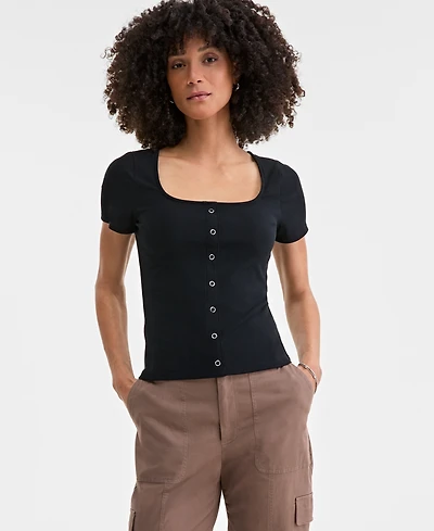 On 34th Women's Snap-Front Rib-Knit Top