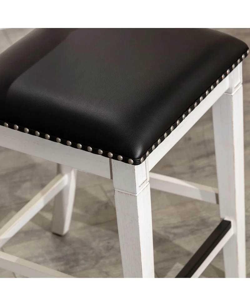 24" Counter Height Farmhouse Stool, Leather Seat, Rustic Upholstered Kitchen Stool (1PK)-The Pop Home