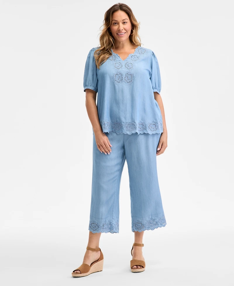 Style & Co Plus Embroidered-Hem Chambray Pull-On Pants, Exclusively at Macy's