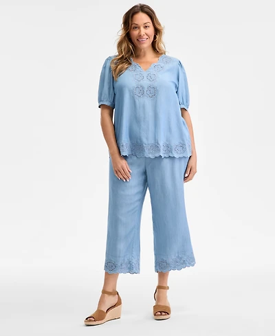 Style & Co Plus Embroidered-Hem Chambray Pull-On Pants, Exclusively at Macy's