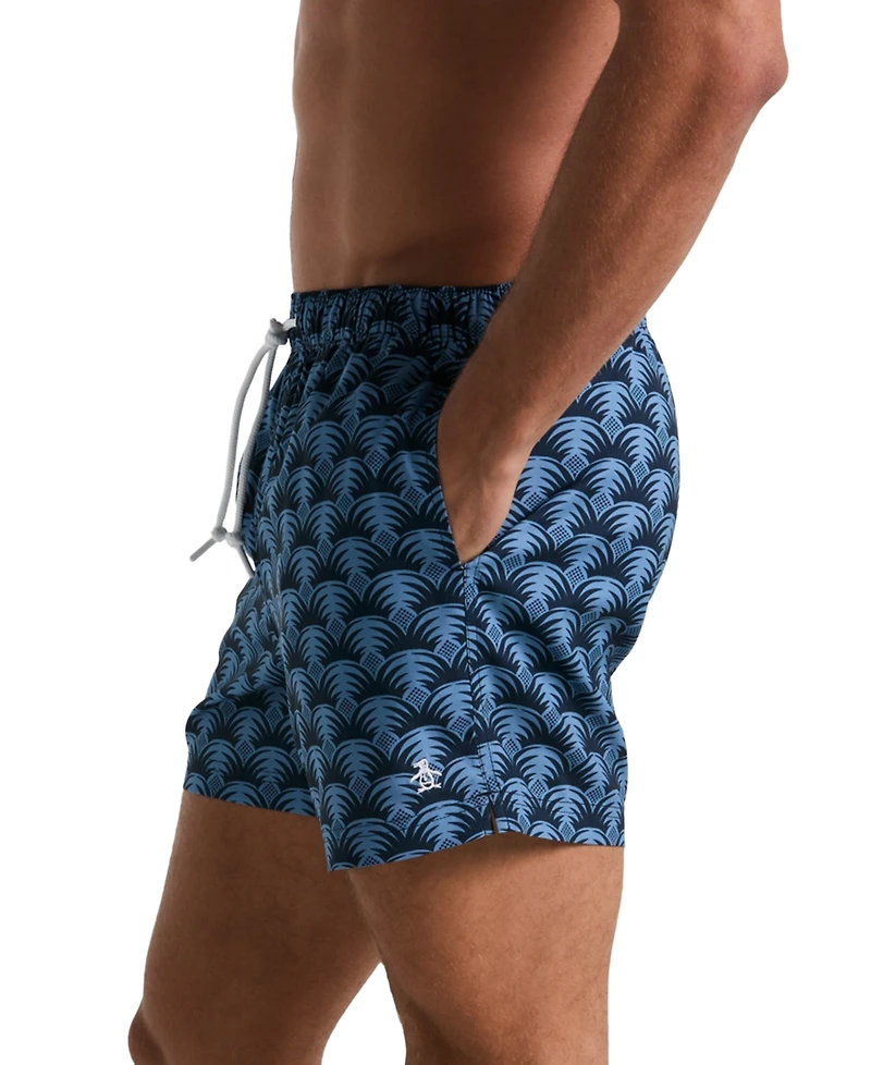 Original Penguin Men's Slim Fit Geo Palm Print Drawstring 5" Swim Trunks