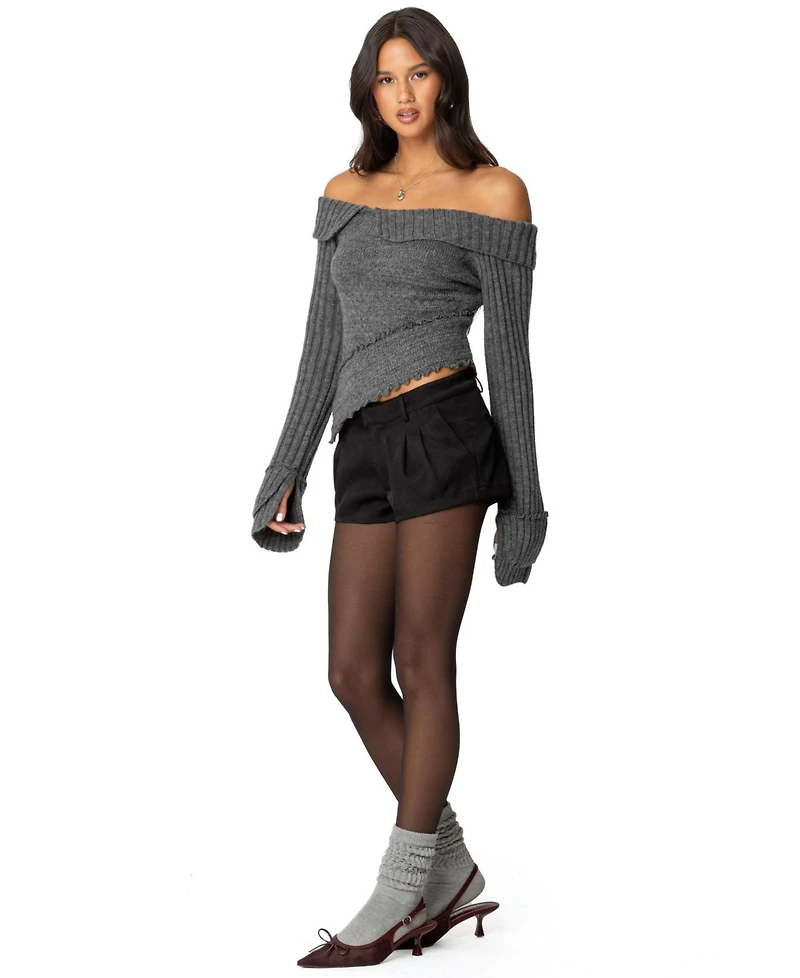 Edikted Womens Mikkie Asymmetric Fold Over Knit Top