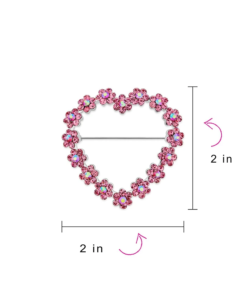 Bling Jewelry Romantic Pink Crystal Heart Flower Brooch Pin Rhodium Plated Alloy