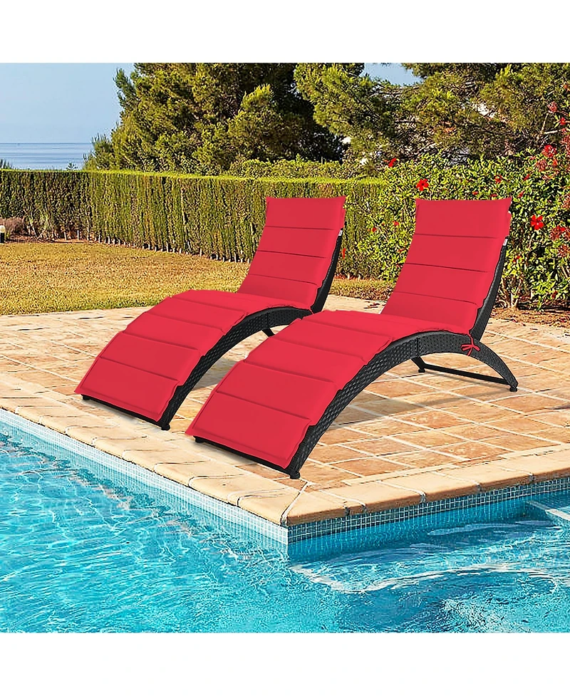 2PCS Folding Patio Rattan Lounge Chair Chaise Cushioned Portable Garden Lawn