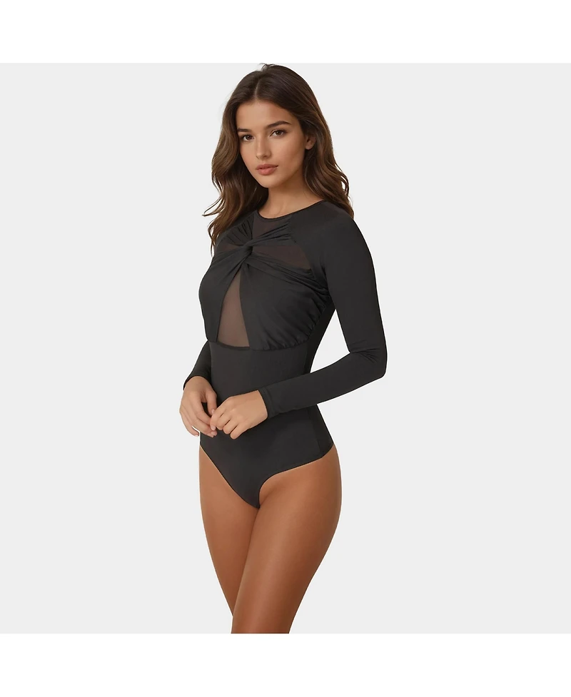 Bebe Women's Mesh Combo Front Twist Knit Bodysuit