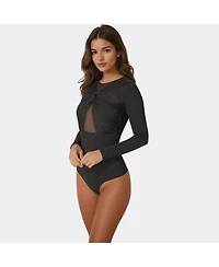 Bebe Women's Mesh Combo Front Twist Knit Bodysuit