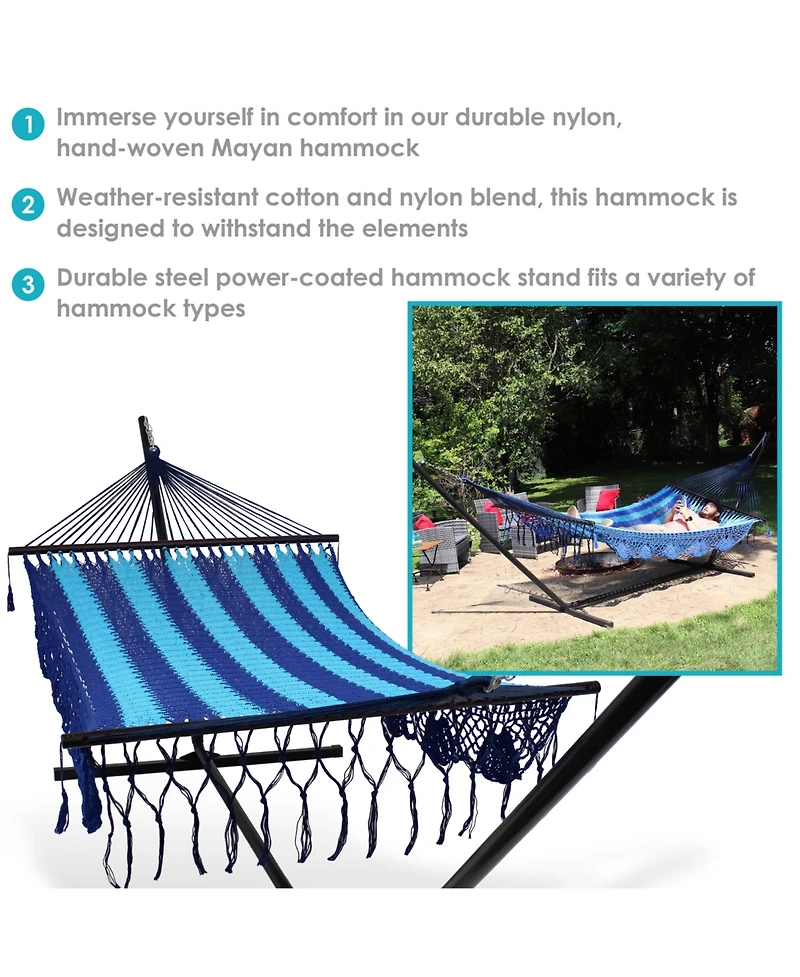 Deluxe American-Style 2-Person Hammock with Spreader Bars and Stand - 400 lb Weight Capacity/15' Stand - Blue