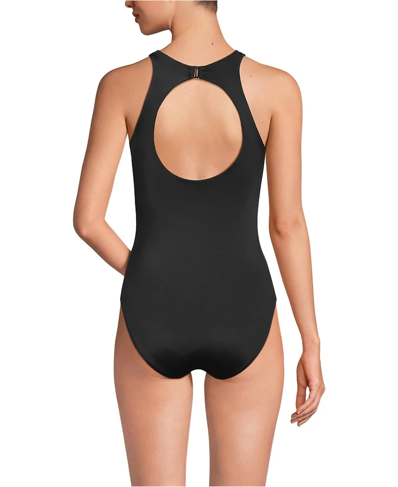 Lands' End Women's Long Tugless High Neck Portrait Back One Piece Swimsuit