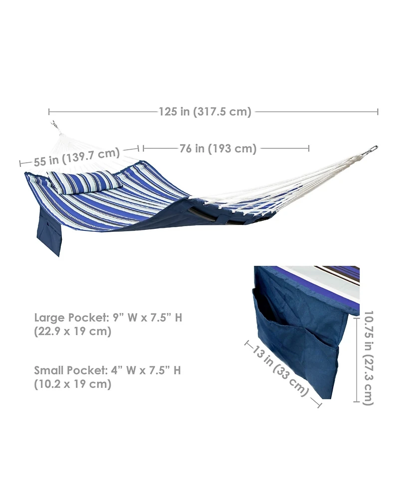 Outdoor Quilted Double Hammock with Pillow and Curved Metal Spreader Bars