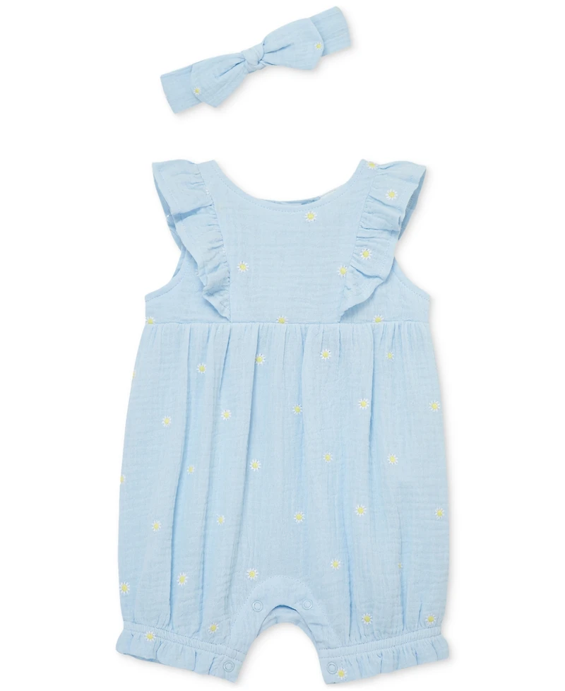 Little Me Baby Girls Cotton Gauze Daisy Romper & Headband