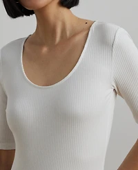 Lauren Ralph Women's Rib-Knit Cotton-Blend Elbow-Sleeve Tee
