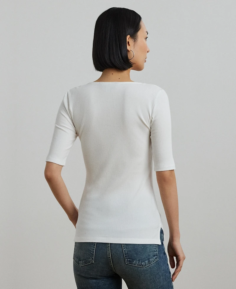 Lauren Ralph Women's Rib-Knit Cotton-Blend Elbow-Sleeve Tee