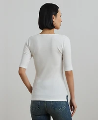 Lauren Ralph Women's Rib-Knit Cotton-Blend Elbow-Sleeve Tee