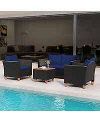 Gymax 4 Pcs Wicker Patio Furniture Set w/ Removable Cushions Storage Coffee Table