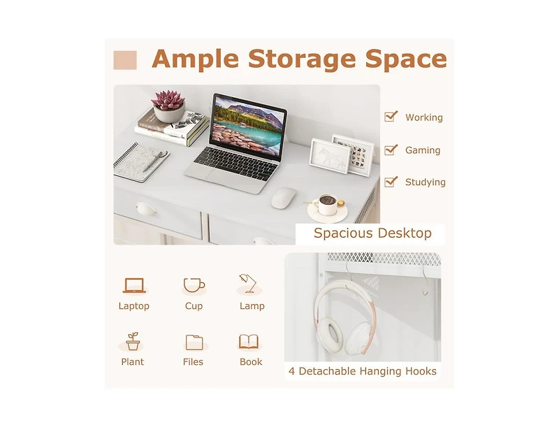 Space-Saving Home Office Desk with 2 Fabric Drawers and 4 Hanging Hooks for Organized Workspace