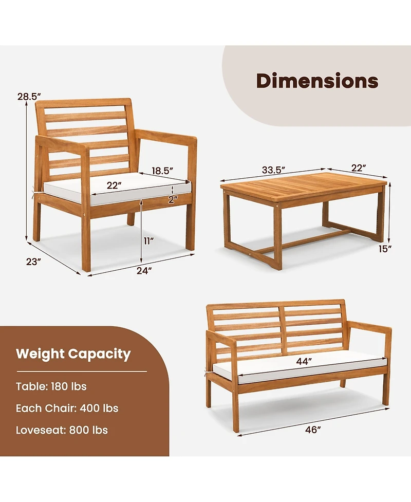 Gymax 4 Pcs Wood Patio Furniture Set w/ Soft Seat Cushions Solid Acacia Wood Frame