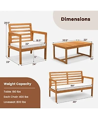 Gymax 4 Pcs Wood Patio Furniture Set w/ Soft Seat Cushions Solid Acacia Wood Frame
