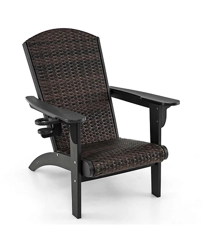 Patio Adirondack Chair with Rattan Padded Seat Wide Armrests & Hidden Cupholder