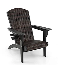 Patio Adirondack Chair with Rattan Padded Seat Wide Armrests & Hidden Cupholder
