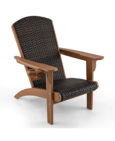 Patio Adirondack Chair with Rattan Padded Seat Wide Armrests & Hidden Cupholder