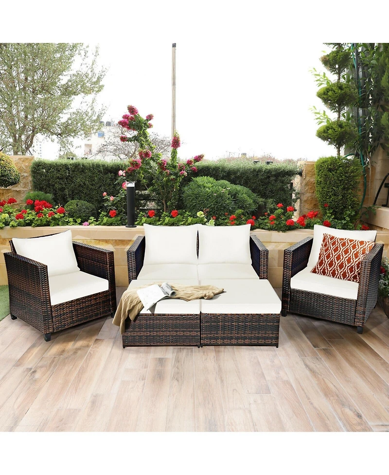 5 Pieces Patio Cushioned Rattan Furniture Set