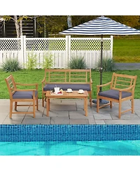 4 Piece Wood Patio Furniture with Armchairs Loveseat and Coffee Table