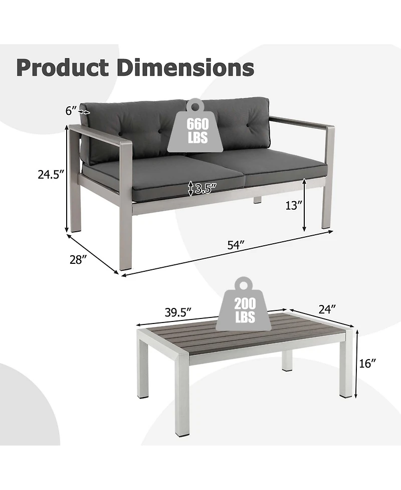 2 Pcs Patio Aluminum Sofa Set Coffee Table Cushioned Loveseat Wpc Armrests