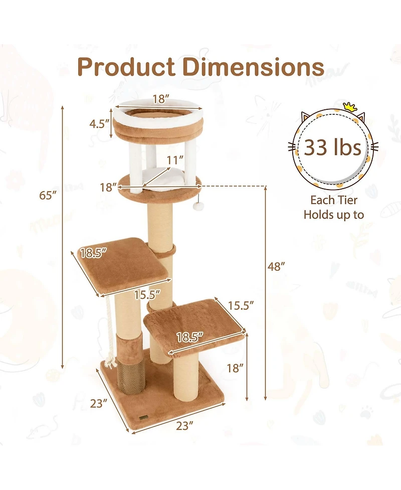 65" Tall Cat Tree for Indoor with Self-groomer Padded Perch Removable Cat Bed