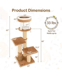 65" Tall Cat Tree for Indoor with Self-groomer Padded Perch Removable Cat Bed