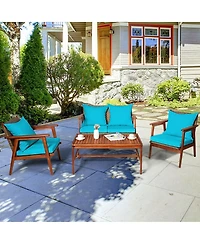 4 Pieces Acacia Wood Patio Rattan Furniture Set with Zippered Cushions