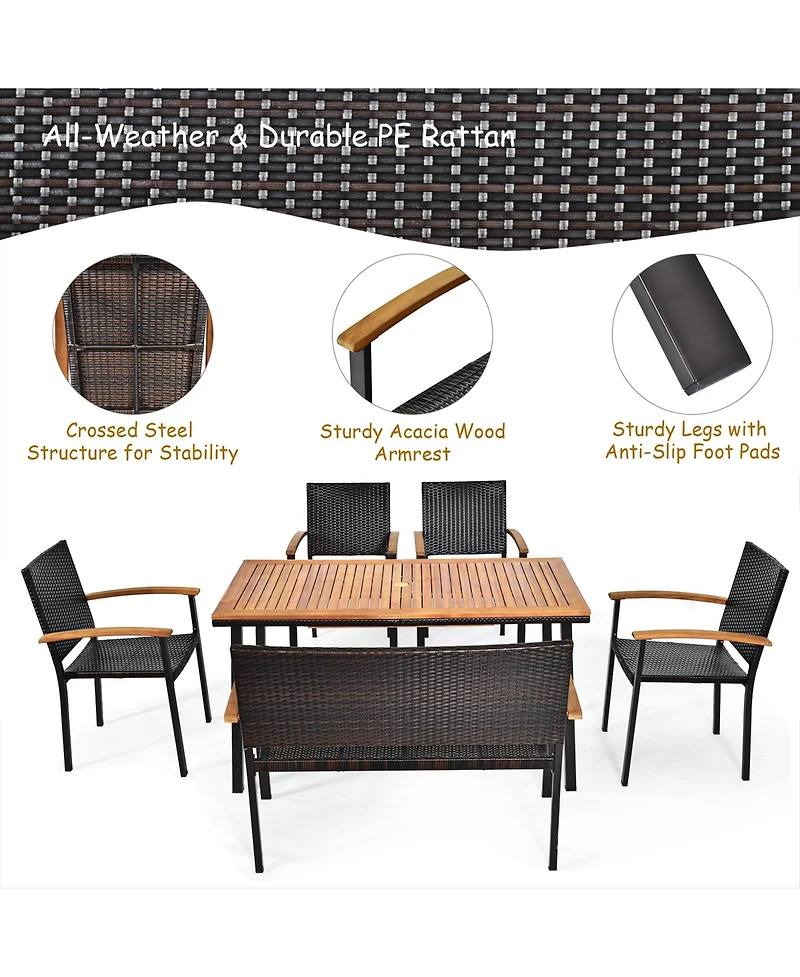 Gymax 6PCS Rattan Outdoor Dining Set Patio Furniture Set w/ Wooden Tabletop