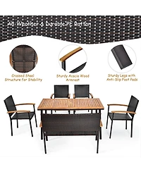 Gymax 6PCS Rattan Outdoor Dining Set Patio Furniture Set w/ Wooden Tabletop