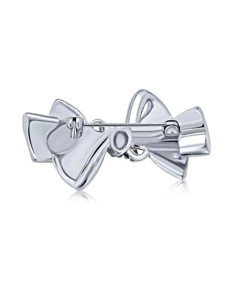 Bling Jewelry Dainty Crystal Brooch Pin with Silver Ribbon Bow Accent