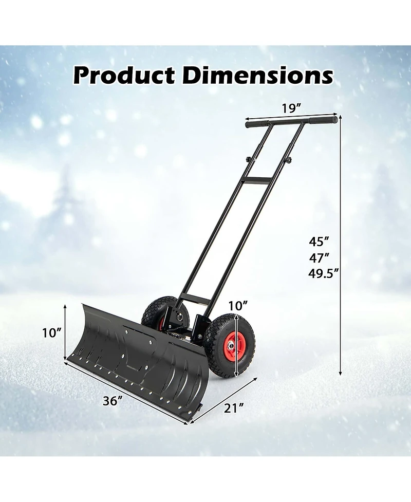 36" Snow Shovel Pusher with 10" Inflatable Wheels Adjustable Handle & Head