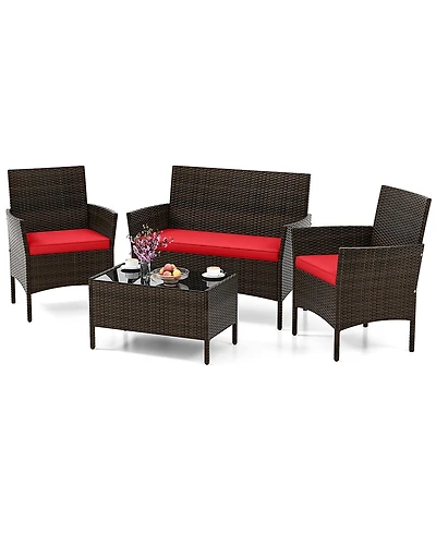Gymax 4 Pcs Patio Furniture Set w/Washable Cushions & Tempered Glass Coffee Table