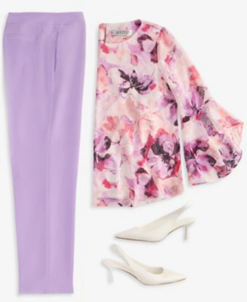 Kasper Womens Floral Ruffled Bell Sleeve Top Straight Leg Pants