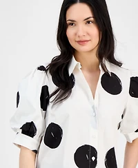 T Tahari Women's Short-Blouson-Sleeve Button-Front Shirt