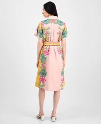 T Tahari Women's Printed Belted Button-Front Dress