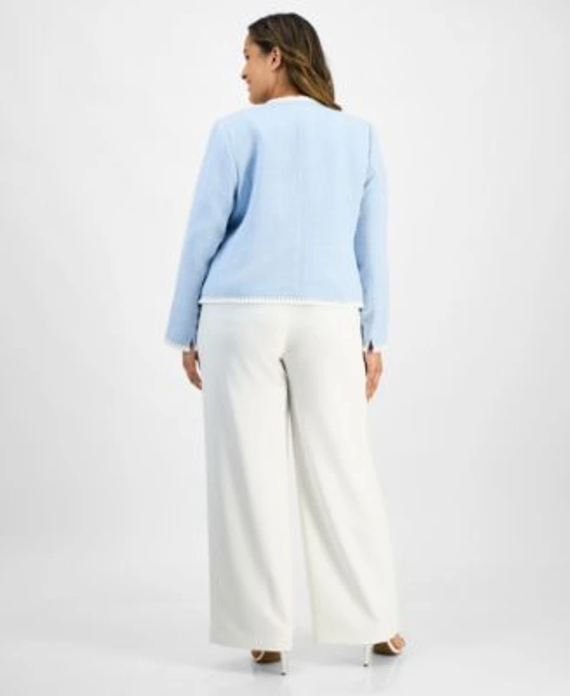 Tahari Asl Plus Size Textured Blazer U Neck Tank Top Wide Leg Pants