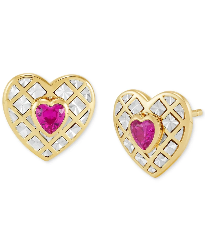 Macy's Created Ruby or Pink Sapphire (1 ct. t.w.) Heart Stud Earrings & Pendant Necklace in 14k Gold Over Sterling Silver, 16" + 2" extender