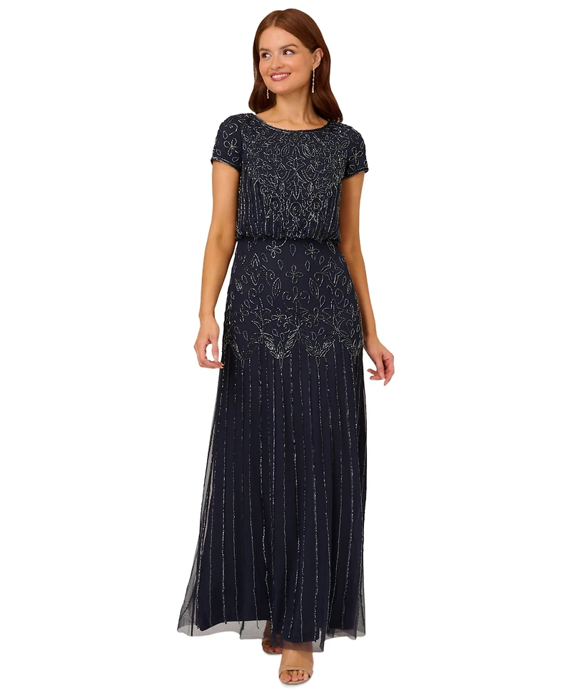 Adrianna Papell Women's Beaded Short-Sleeve Sheer-Overlay Gown