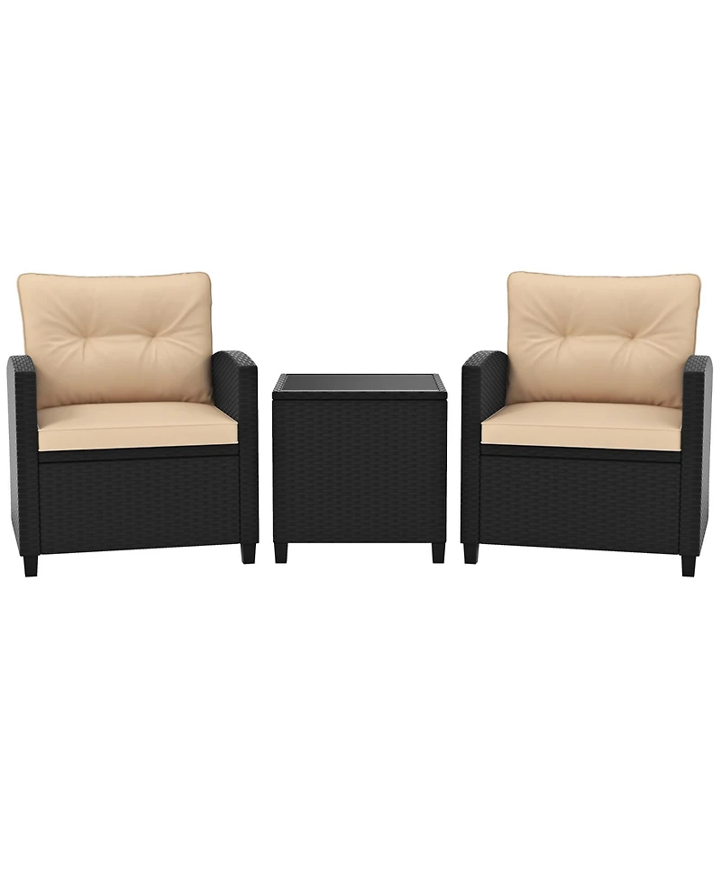 Gymax 3 Pcs Patio Furniture Set w/Tempered Glass Coffee Table Washable Cushions