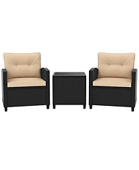 Gymax 3 Pcs Patio Furniture Set w/Tempered Glass Coffee Table Washable Cushions